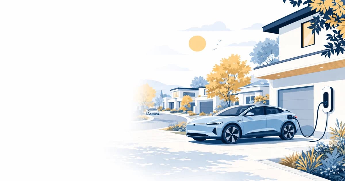 Illustration of an electric car charging at a suburban home